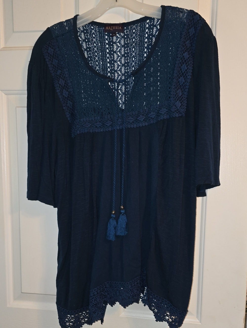 Navy Crochet-Accent Tunic Top